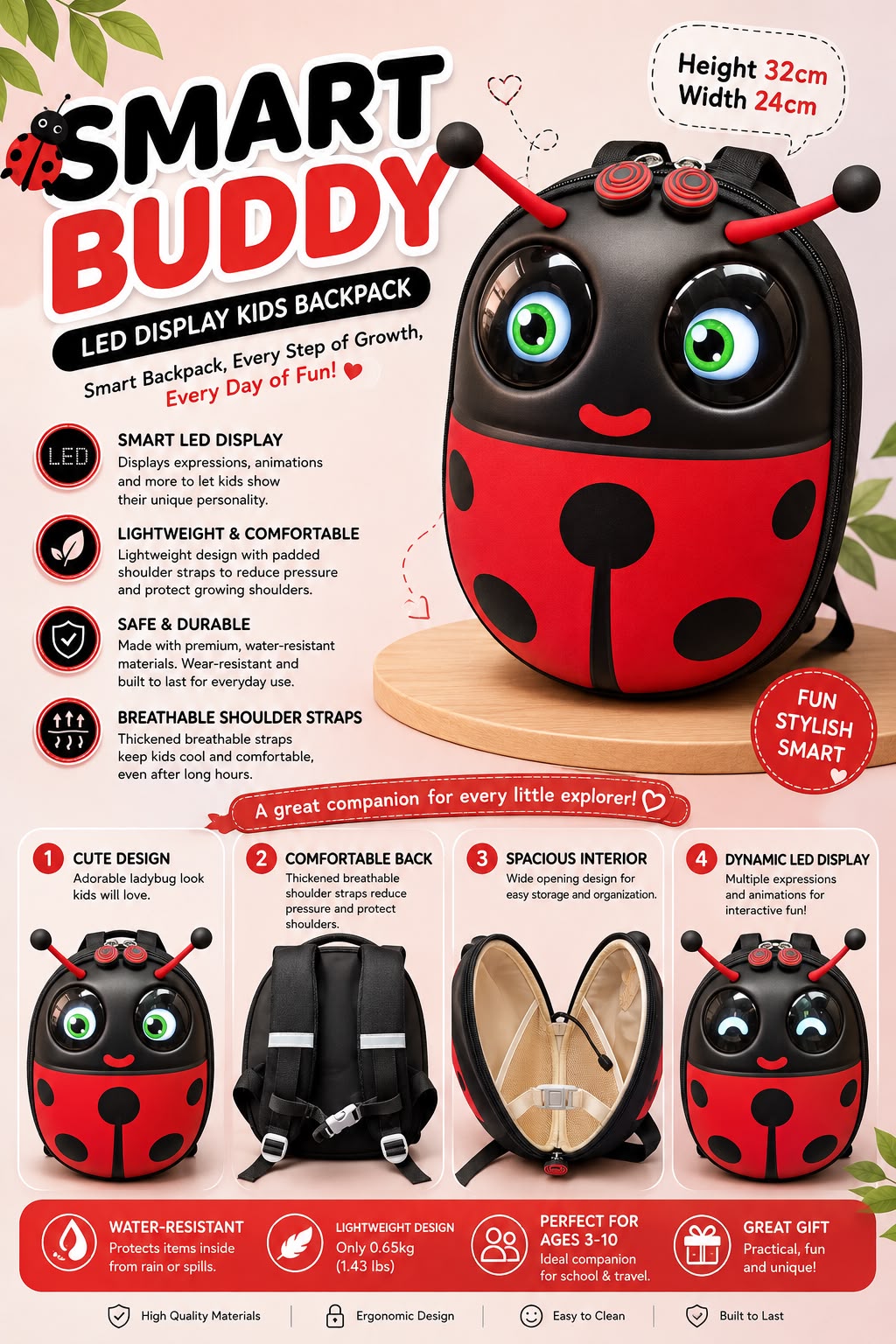 🐞 Cute Ladybug Kids Led Backpack
