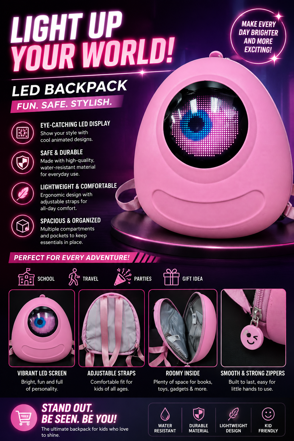 Pink Monster LED Eye Backpack