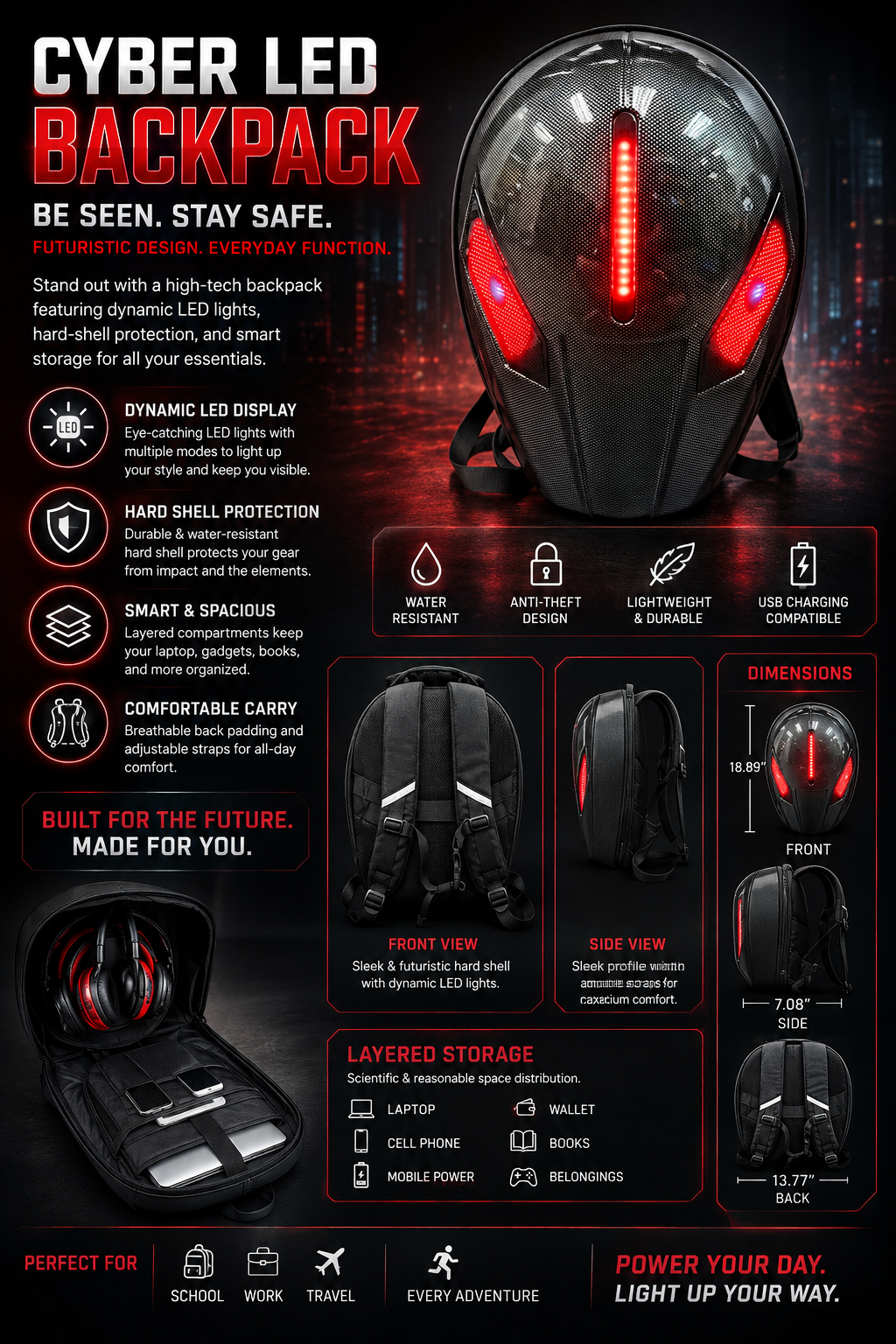 LED Backpack – Black Edition / Carbon Fibre Design