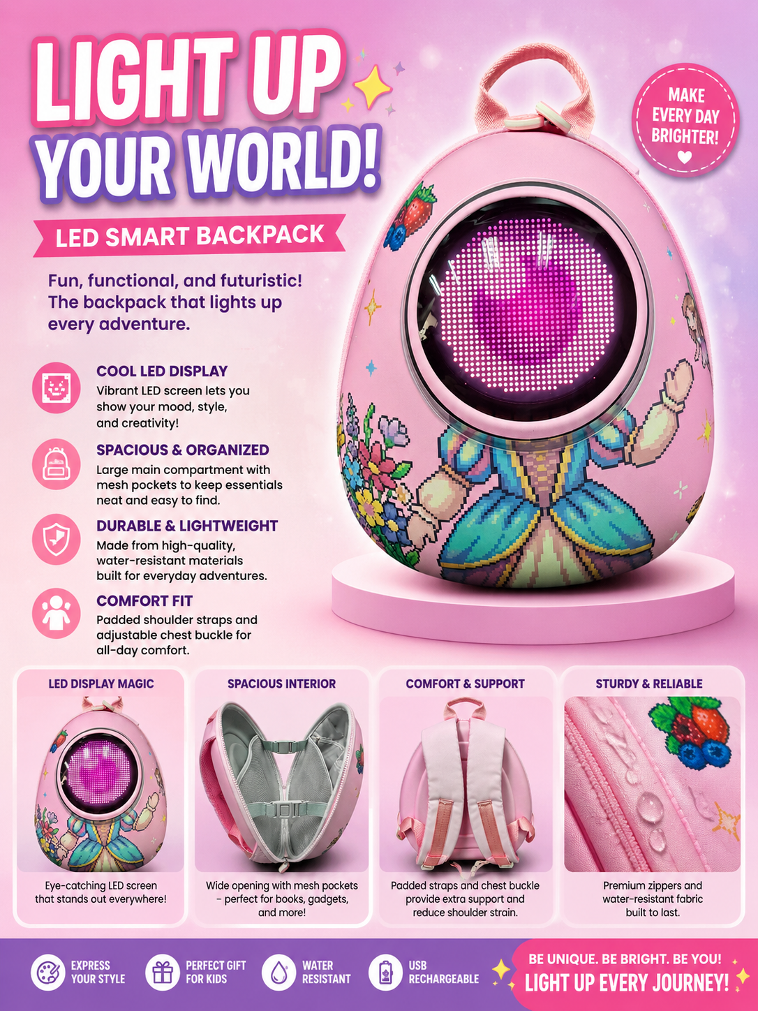 Princess LED Backpack 🚀✨ Pink