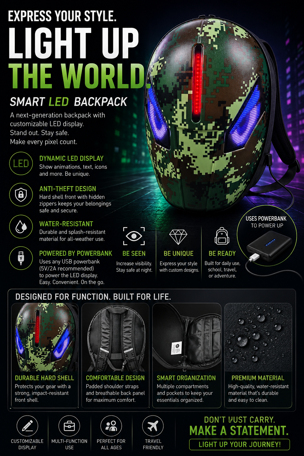 LED Army Green Backpack