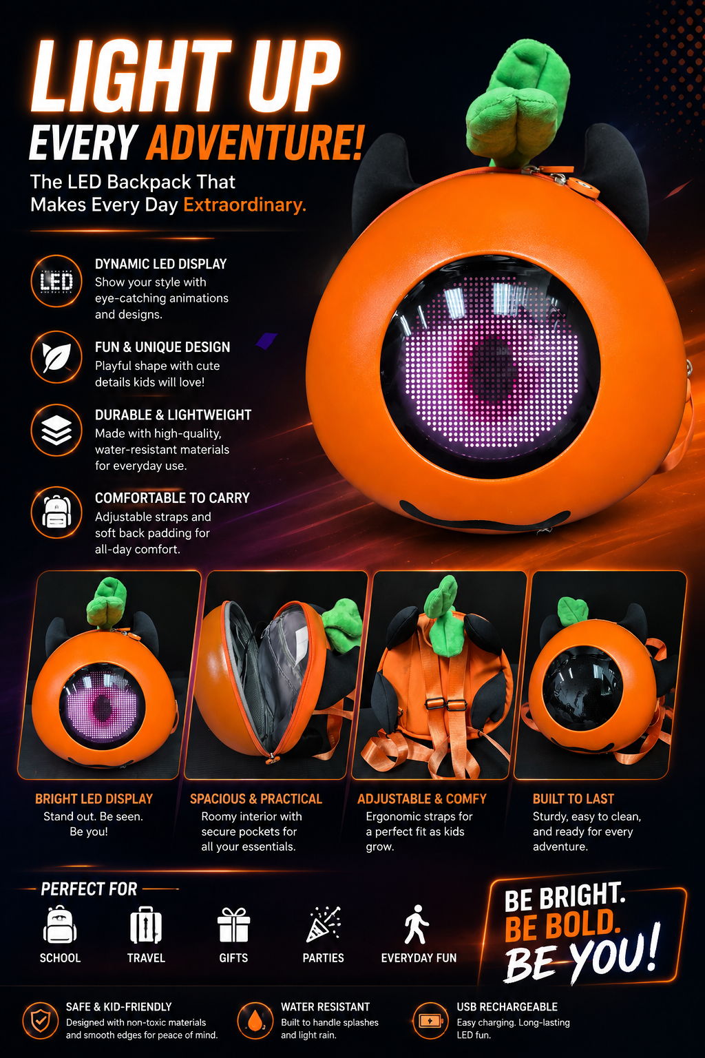Pumpkin Led Monster Backpack